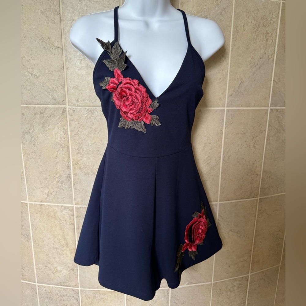 Fashion Nova Navy Blue Romper with Flowers size Medium